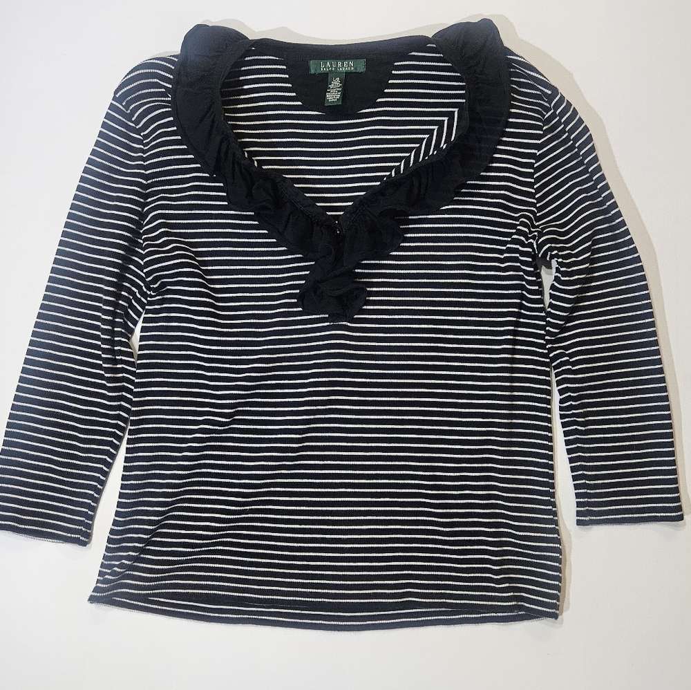 Lauren Ralph Lauren Blouse Womens Large Black White Striped Ruffle Neck‎ Top